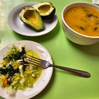 Salad, avocado and soup at Comedor Vegetariano in Huaraz