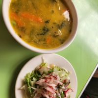 Starter Veggie soup and salad at Comedor Vegetariano in Huaraz