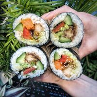 Sushi burritos - The fully loaded with sweet potato and teriyaki chickn & The hoisin Duck. Their two best sellers  at Happy Maki in Brighton