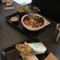 Hoisin duck sushi burrito, and fully loaded sushi bowl with loaded inari and satay sauce  at Happy Maki in Brighton