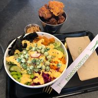 “Salmon” sushi bowl with popcorn cauliflower TO DIE FOR   at Happy Maki in Brighton