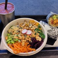 Berry smoothie, mango chicken bowl, sweet potato burrito at Happy Maki in Brighton