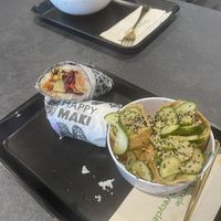 Near - burrito and inari pockets. Far - Buddha bowl  at Happy Maki in Brighton