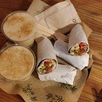 Tumeric latte, faux duck wrap, rainbow roll wrap at Happy Maki in Brighton