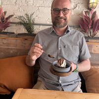 Brownie and vanilla ice cream for my birthday  at Purezza in Brighton