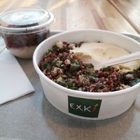 Red rice, raisins hummus and salad mix. Overnight oat with jam and chocolate at CDG - EXKi - T2F in Roissy-en-france