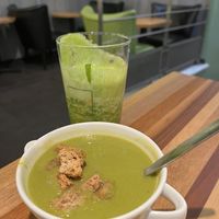 Vegan soup (leek and split pea) with a basil spinach smoothie   at EXKi - Grand Rue in Luxembourg City