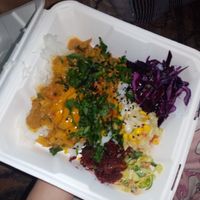 Soya chicken with rice and salads at Pomylone Gary in Lublin