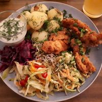My food (oyster mushroom with salad and potatoes) at Pomylone Gary in Lublin