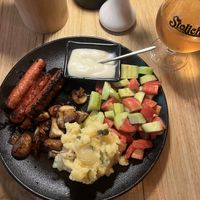 Sausages with potato salad  at Veggic in Plovdiv