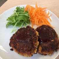 Soy and quinoa vegan burger. at Kaemon Asakusa in Tokyo