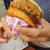 Vegan chicken burger at Cycle Dogs in Seattle