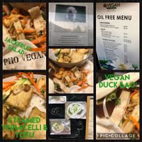 Collage for Sacramento Vegan Chef Challenge including oilfree menu and pro piglet sign on door. at Pho Vegan Asian Cuisine in Rocklin