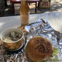 Oh yes, cheeseburger, potato salad and Yerba drink  at Toad Style in Brooklyn
