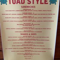 Menu 2023  at Toad Style in Brooklyn