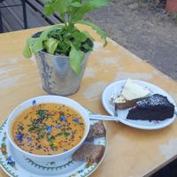 Lentil soup, chocolate and carrot cake at Himmelbeet Cafe in Berlin