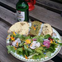 Hummus and pesto bread at Himmelbeet Cafe in Berlin