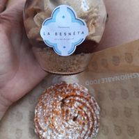 Cake in a glas and some "kind of marzipan cookie" at La Besnéta in Barcelona