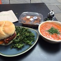 Delicious food - BBQ Jackfruit sandwich and tomato soup at Vegan Hippo in London