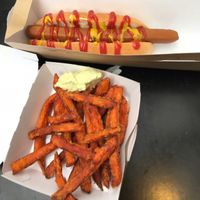 hot dog and sweet potato fries at Vegan Hippo in London