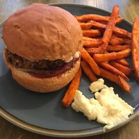 Burger and sweet potato fries @ Vegan Hippo, London at Vegan Hippo in London