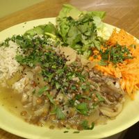 oyster mushrooms with brown lentils at Organitheka in Warsaw
