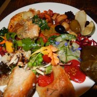 my plate from the buffet, with focaccia bread at Seeds 2 Cafe in Totnes