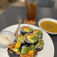 Mango and avocado kimbap with pumpkin soup and rooibos tea  at MuYe - Mottainai in Kaohsiung