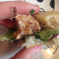 Last bites of the ";chicken"; burger -Yum! at MuYe - Mottainai in Kaohsiung