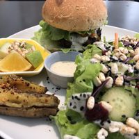 Burger with salad and potatoes at MuYe - Mottainai in Kaohsiung