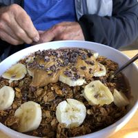 So cal Açaí bowl:  sorbet, peanut butter, cocoa nibs and goji  at Homespun Kitchen - Previously Happy Cup in Atlantic Beach