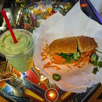 Crispy Tofu sandwich and Avocado Shake at Dinosaurs - Boardman Pl at Dinosaurs - Boardman Pl in San Francisco