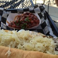 Spicy dog with sauerkraut and baked beans at Biker Jim's in Highlands Ranch