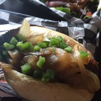 Vegan herb dog w/ grilled onions & jalapenos at Biker Jim's in Highlands Ranch