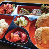 Potato croquettes bento box at Tama Organic Life in Vancouver