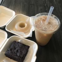 Brownie, glazed donut and iced coffee at Fat Cats in Austin