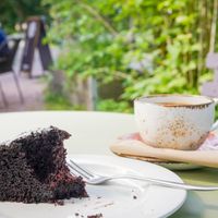 Chocolate cake and a coffee at Cafe Bar Pesula Fiskars in Fiskars