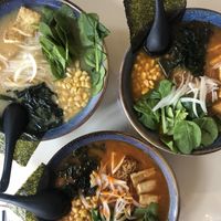 Wonderful array of toppings toppings. Miso ramen (top left), Tom yum ramen (top right), Dan Dan ramen (bottom)  at RameNesque in Peekskill