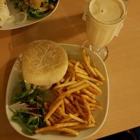 Burger, chips & almond milkshake at Old School Vegetarian Restaurant in South West London