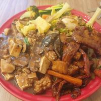 Mapo tofu, seitan duck curry and ... I can't remember the other one but it was great! July 2024. at Thai Veggie Hutt in Hobart