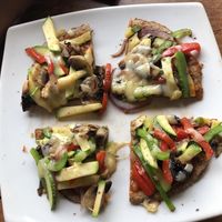 Veggie pizza with vegan queso! at Bio-Organicos in Playa Del Carmen