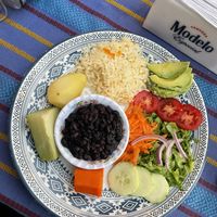 Vegan plate 40Q - on the menu is a vegetarian plate but they kindly veganised it by swapping out the mashed potato. Also came with bread  at Shanti Shanti in San Pedro La Laguna