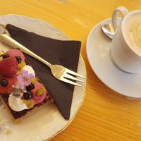 beautiful vegan cake and soy cappuccino at Einzig in Bad Vilbel