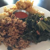 Weekend brunch special: red beans and rice, greens and "chicken' at The Nile in Mesa