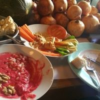 salmorejo de remolacha, humus y tosta de guacamole at La Bicicleta in Cordoba