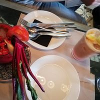 Left (gazpacho de tomate y remolacha) Right (zumo de uva y pera) at La Bicicleta in Cordoba