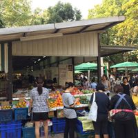 fruit and some prepared hot sit-down vegan food at Lumpini Park Morning Market Stall in Bangkok