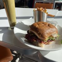 Beet burger, truffle fries and turmeric smoothie - superb!! #Veganuary at Mustard Seed Market - Highland Sqaure in Akron