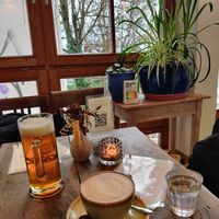 Beer and an oatmilk cappucino at Die Pause in Marburg