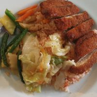 Vegan meat with rice and vegetables at Loving Hut in Addis Ababa